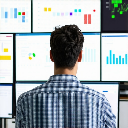 Digital marketer analyzing local SEO charts and graphs on multiple screens.