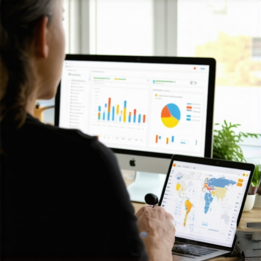 Deep Dive into Local SEO Analysis Person analyzing local SEO metrics on a computer with charts and maps