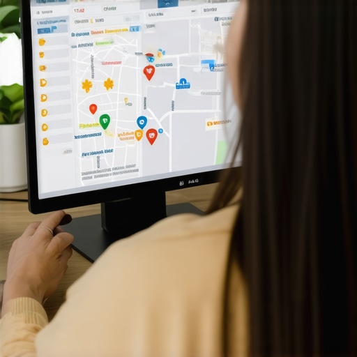 Person studying local SEO metrics on a laptop with maps and review icons