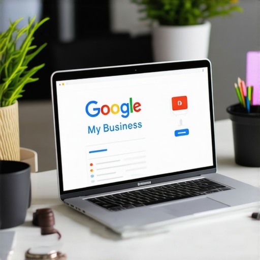 Business owner updating Google My Business profile on a laptop for local SEO.