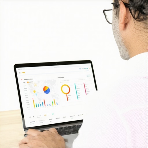 Business owner reviewing local SEO analytics on a laptop with maps and graphs.