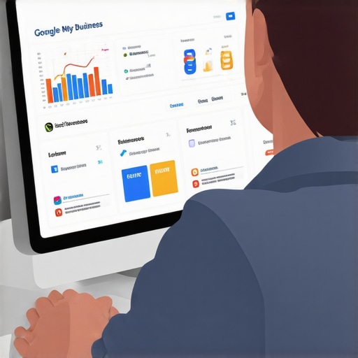 Business owner reviewing GMB profile optimization on a laptop with ranking charts.
