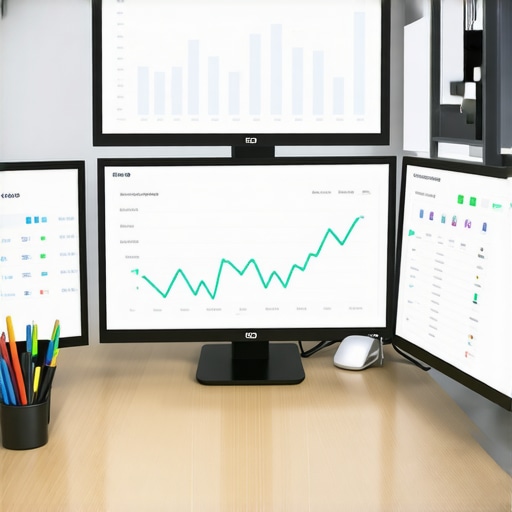 A modern office setup with computers displaying local SEO analytics and citation management dashboards.