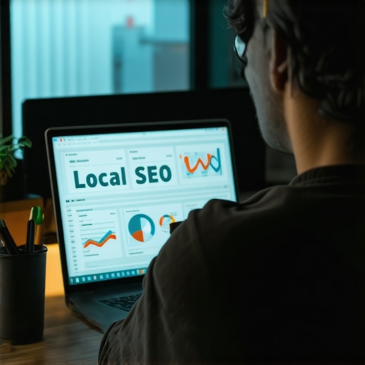 A person analyzing local SEO metrics on a laptop, emphasizing continuous map pack management.