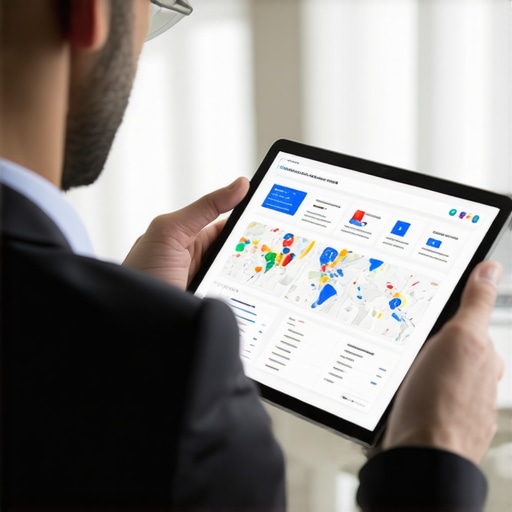 Business owner reviewing SEO and map rankings of local business in a digital tablet