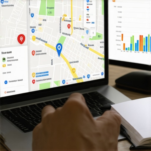 Analyzing Local SEO Performance Business owner reviewing Google Maps ranking analytics on a laptop.