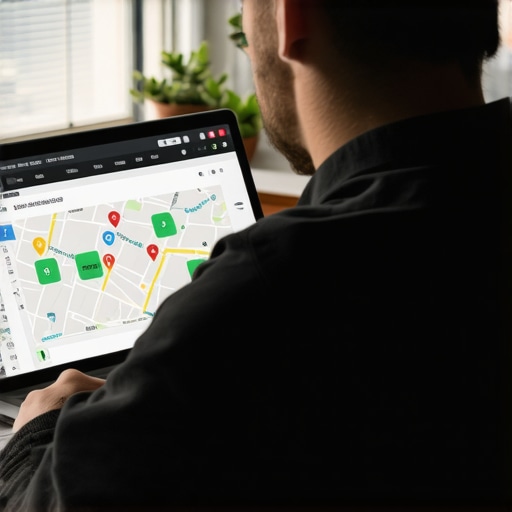 Business owner reviewing local SEO profile on laptop for map pack recovery.