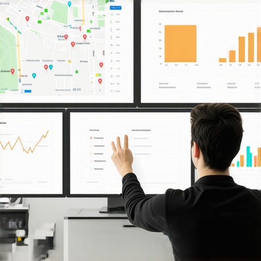 Local SEO Tools for Long-Term Map Pack Success A professional reviewing maps and SEO statistics on multiple screens, emphasizing ongoing map pack maintenance.