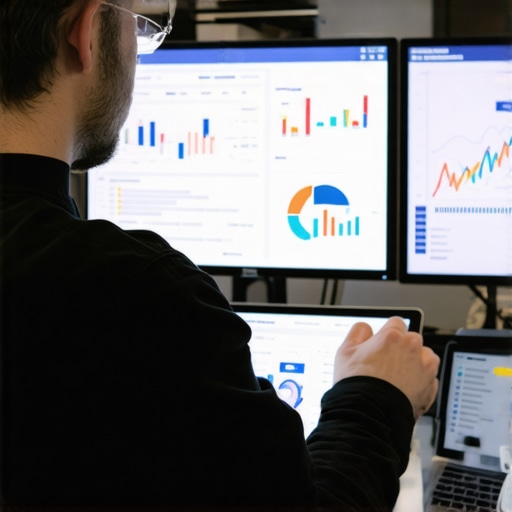 A person working on local SEO analytics with various dashboards and maps.