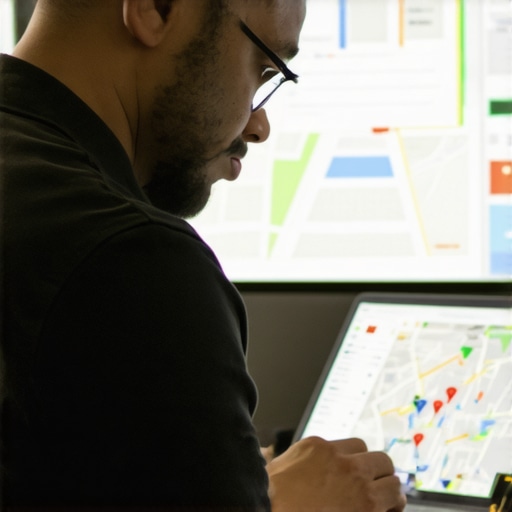 Business owner editing Google My Business profile on a laptop with local maps in background.