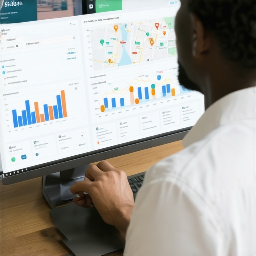 Business owner reviewing local search data and maps on a laptop.