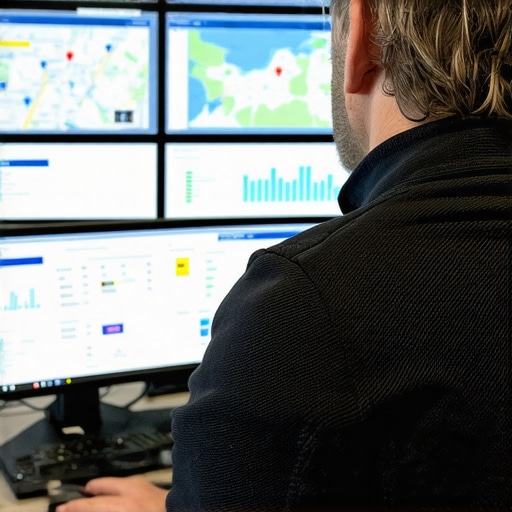 Business owner analyzing offline and online SEO signals with maps and charts