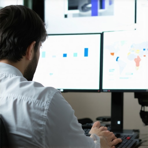 A person analyzing local SEO metrics and maps on computer screens, showing active tools for maintaining map pack rankings.