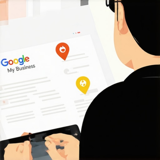 Business owner updating profile with icons for reviews, location, and visibility.