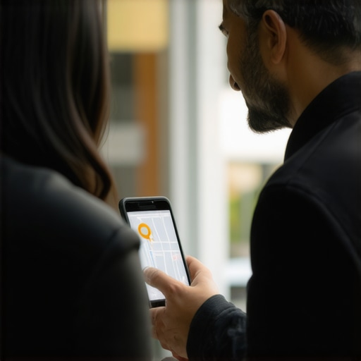 Business owner using GPS device outside storefront to verify location for Google Maps ranking
