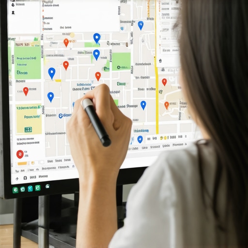 Google Maps Data Audit for Local SEO Person reviewing Google Maps address and geo-data on a computer screen.
