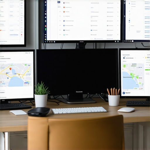 Tools for Map Pack Maintenance and Recovery Desk with multiple monitors showing SEO and local search data for map pack management.